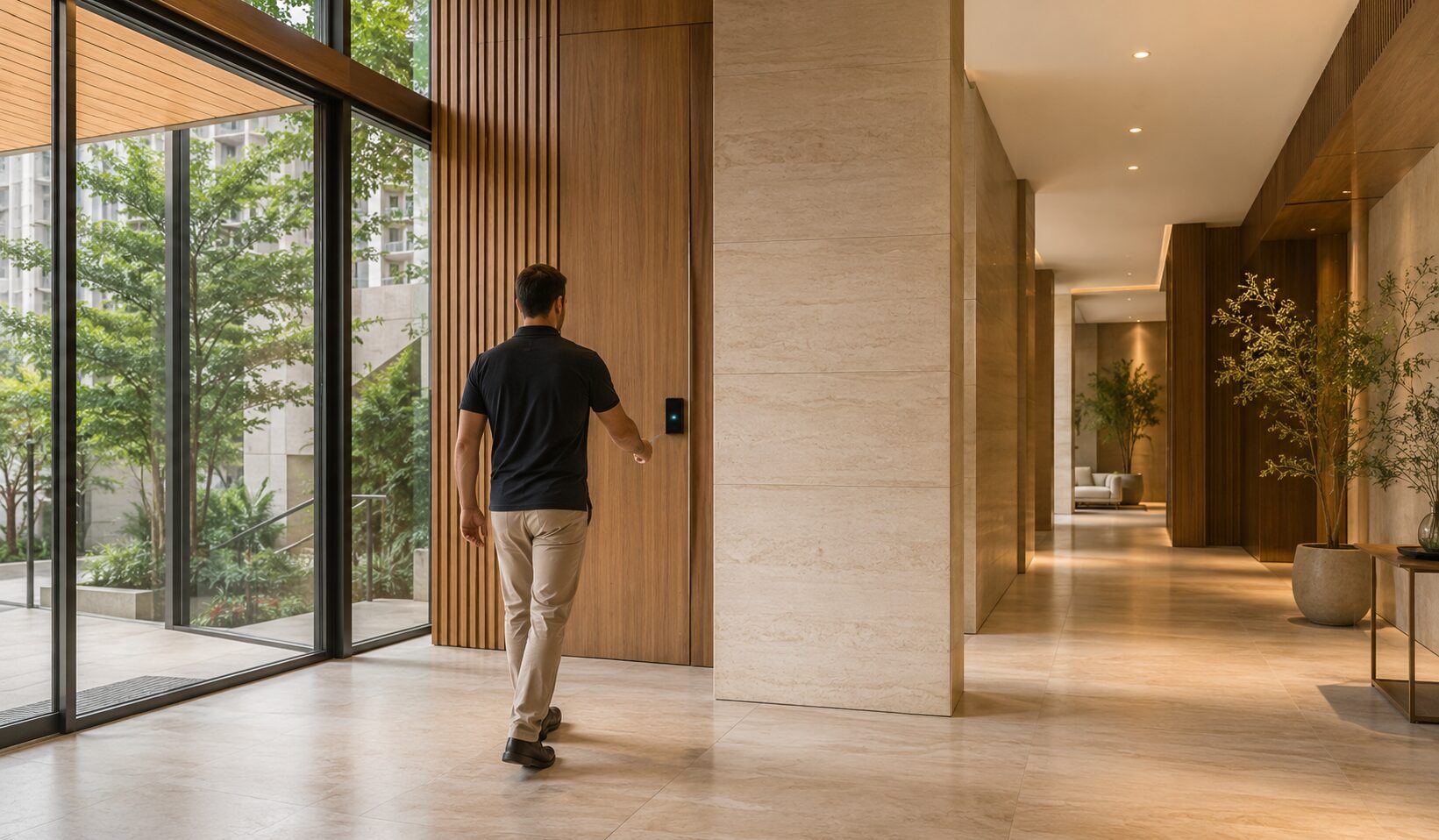 Entrada de um ambiente contemporâneo com controle de acesso